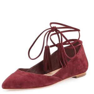 Like New! Loeffler Randall Penelop Suede Ankle-Wrap Tassel Flat, Bordeaux